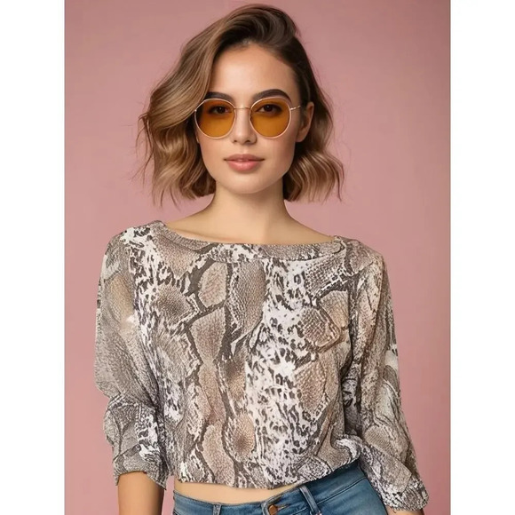 Altar'd State Women's Size Small Snakeskin Long Sleeve Cropped Top Blouse - Picture 1 of 6